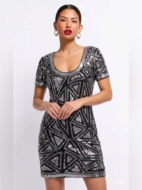 Little Mistress London scoop neck beaded sequins Black silver geometric print 8